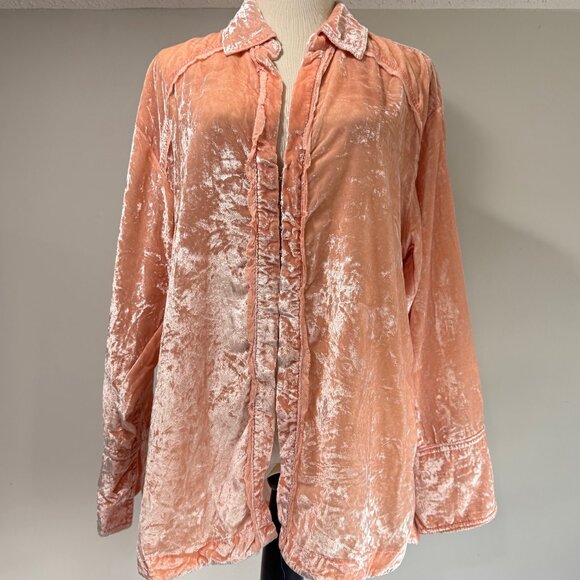 FREE PEOPLE We The Free Marianne Crushed Velvet Shirt in Sun Blush Pink - Picture 2 of 10
